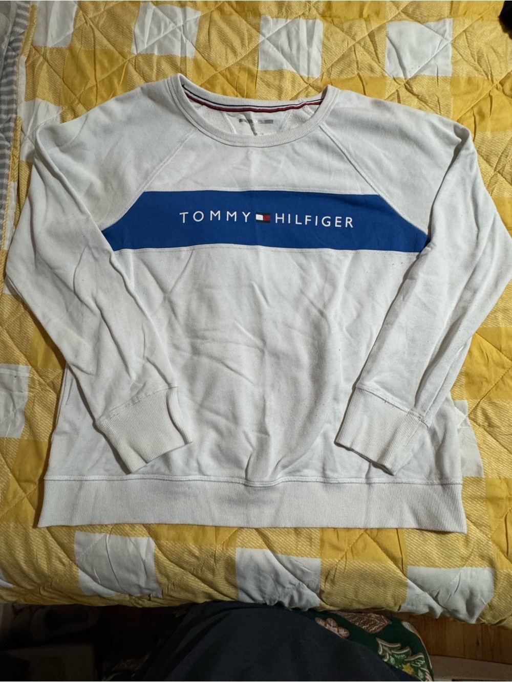 Tommy Hilfiger White Crewneck Sweatshirt with Blue Chest Panel